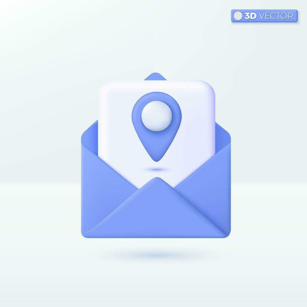 Envelope with location icon symbol. pinpoint, invitation card, tourist, map, address, interface, navigation, tourist destination concept. 3D vector isolated illustration. Cartoon pastel Minimal style.