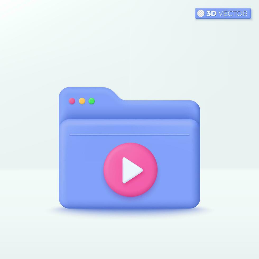 Folder with play icon symbol. education and fun media, video or games store, comfortable searching, Stored data, File management concept. 3D vector isolated illustration. Cartoon pastel Minimal style.