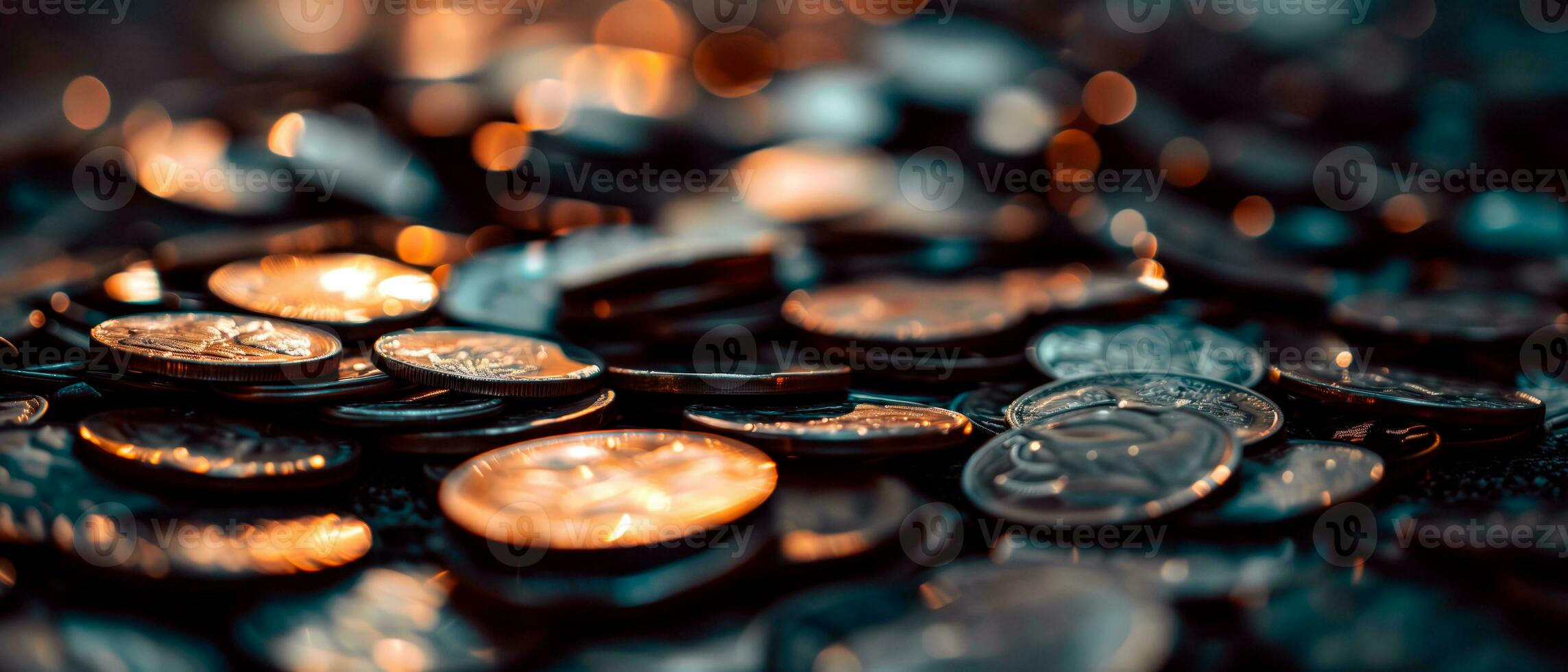 AI generated Close up image of a pile of coins. Investment, inflation, money, costs, financial and currency concept. photo