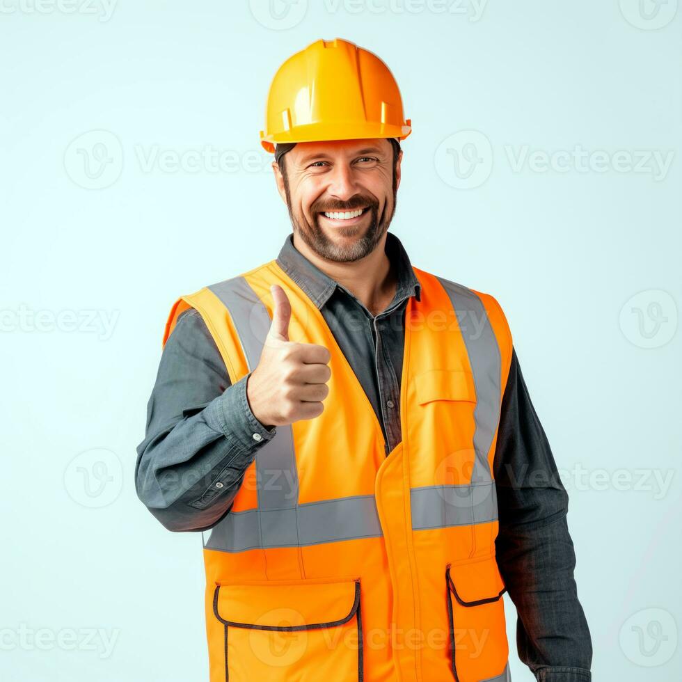 AI generated Caucasian man worker smiling in helmet and orange vest with thumbs up. Man isolated on white background. photo