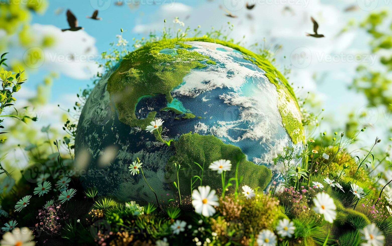 AI generated World earth day concept. Renewable green energy. Eco life. Enviroment protection. Save the world. Sustainable living. Cliamte emergency action. photo