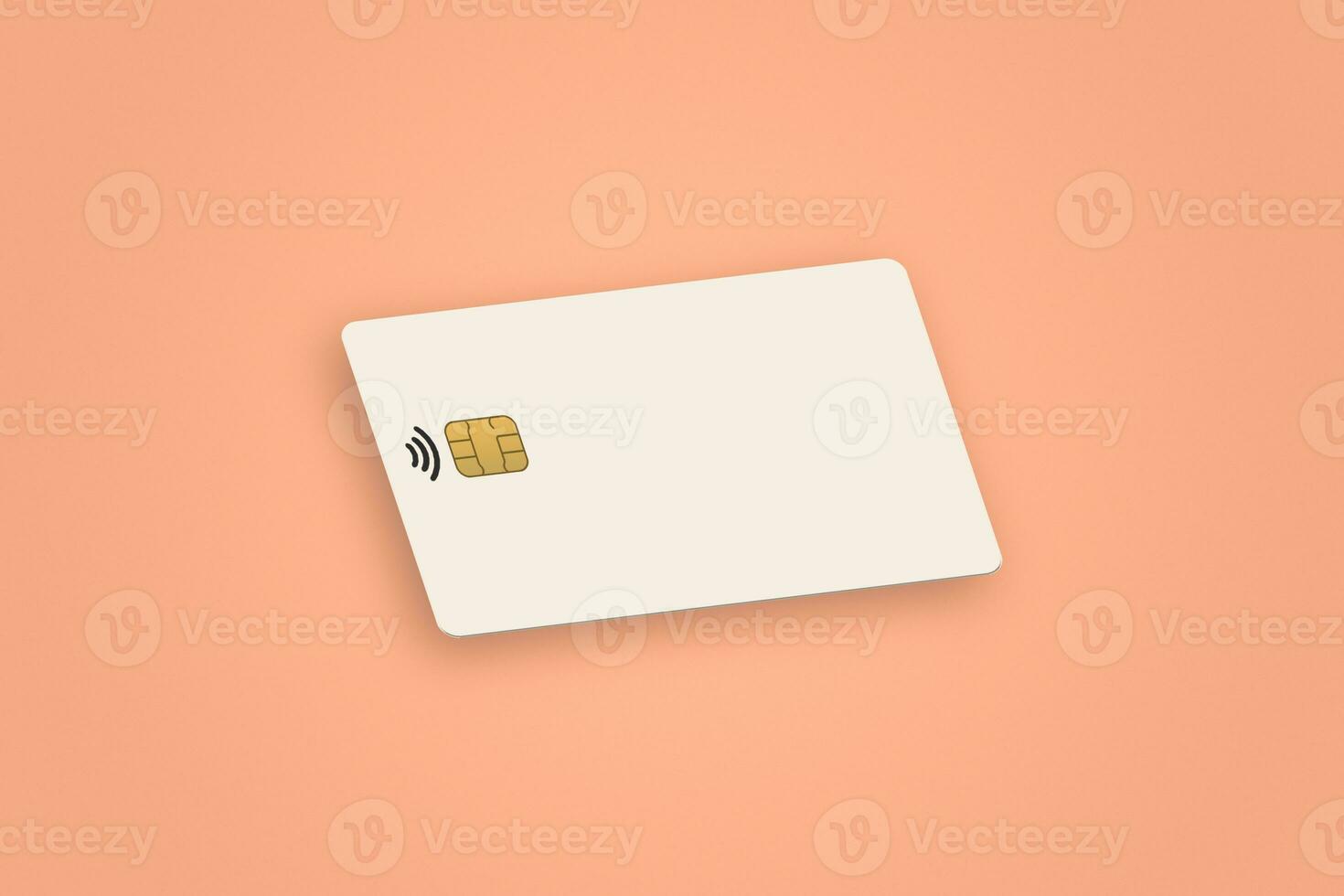 Realistic white credit card in Peach Fuzz color background. Credit card for mockup. 3D Rendering. Ilustration design with empty space for text or logo presentation. photo