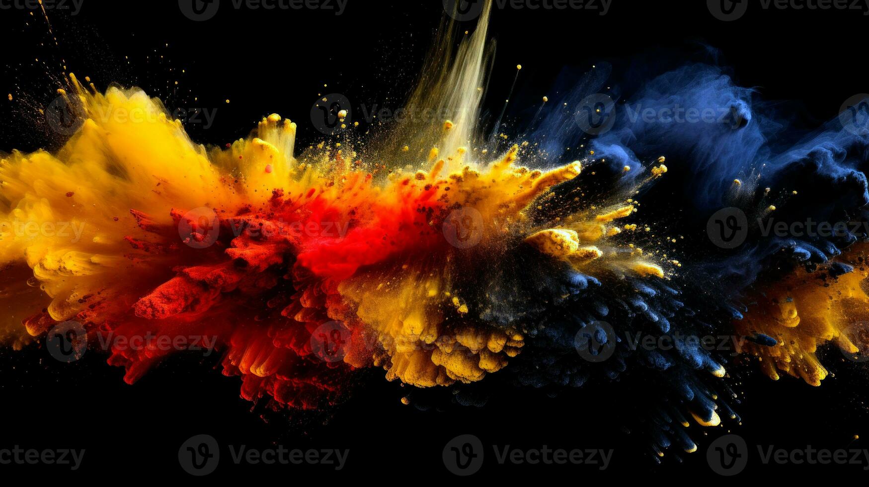 AI generated Splash of color paint on dark background. Abstract pattern for Holi festival day. Blue, orange and yellow specks over black background. AI Generated photo