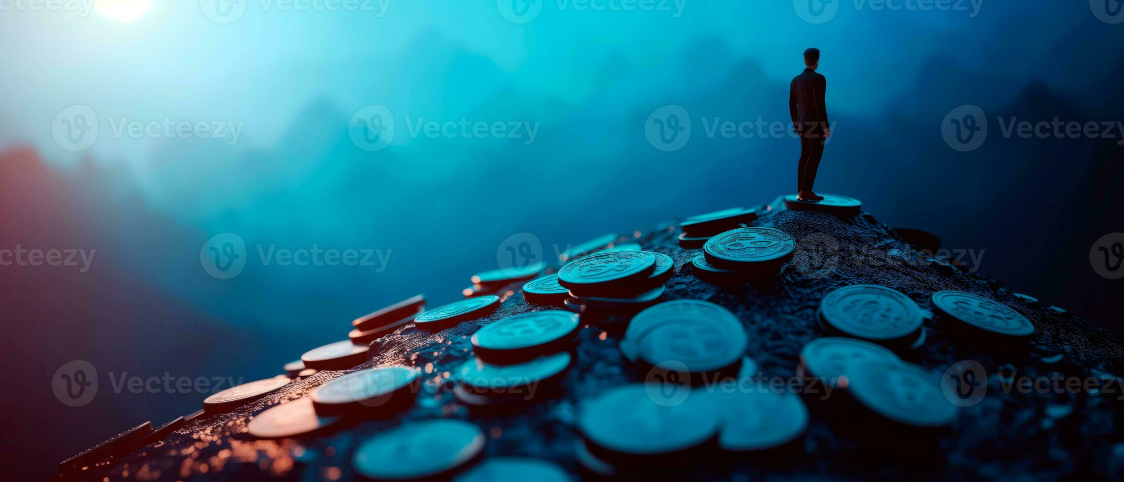 AI generated Successful businessman on top of gold stack coins. Financial growth, strategy, investment and achieving new heights in the market. 3D render design. photo