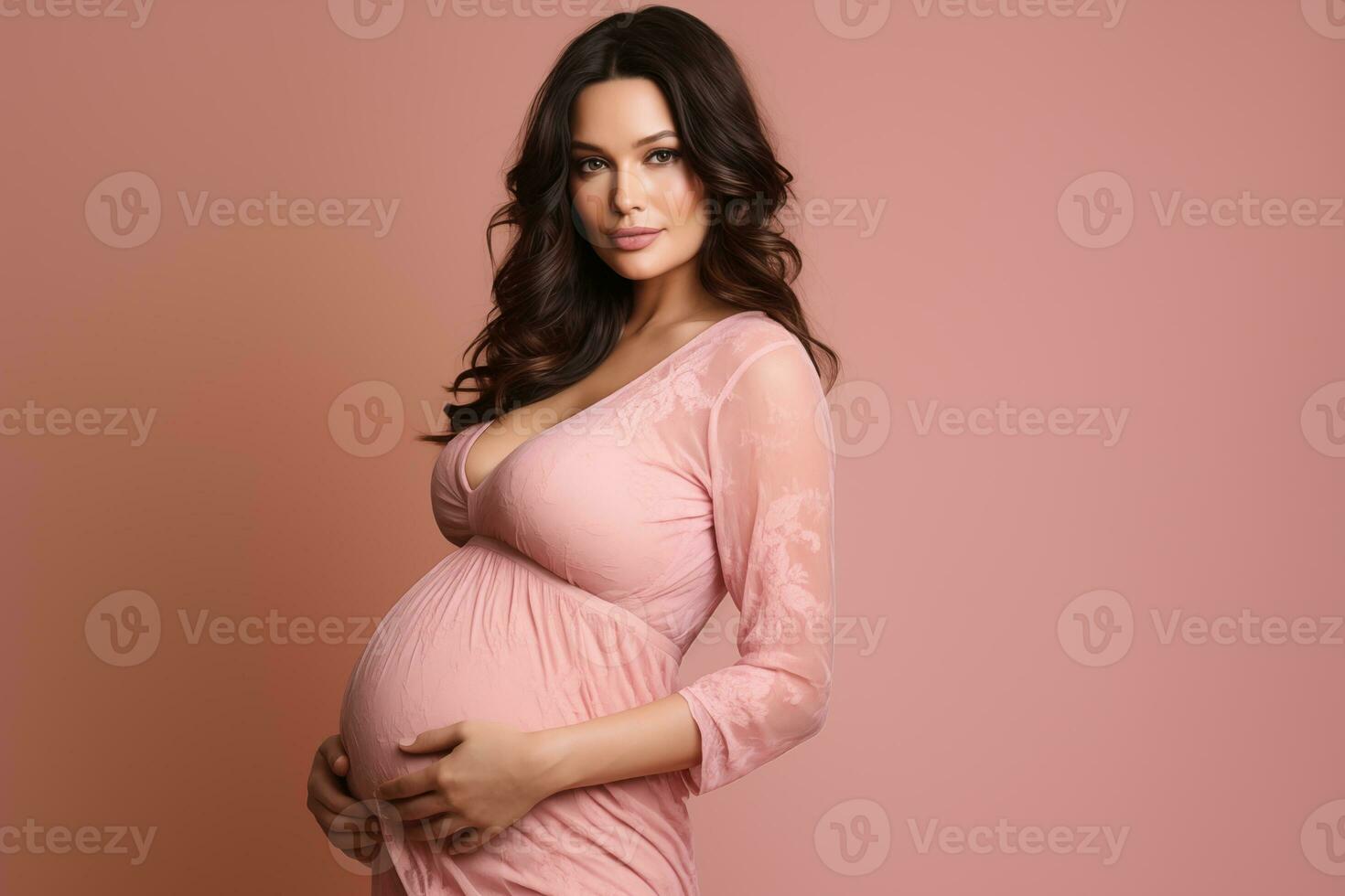 AI generated Portrait of beautiful young pregnant woman touching belly standing on colour background photo