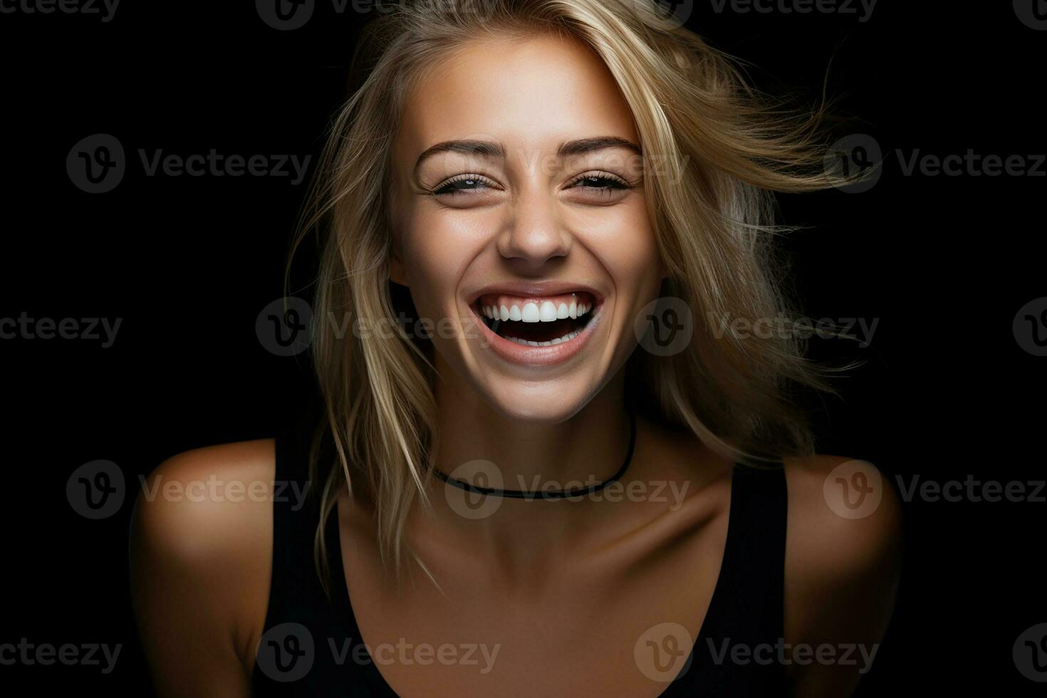 AI generated portrait of beautiful woman smiling and showing teeth on white background photo