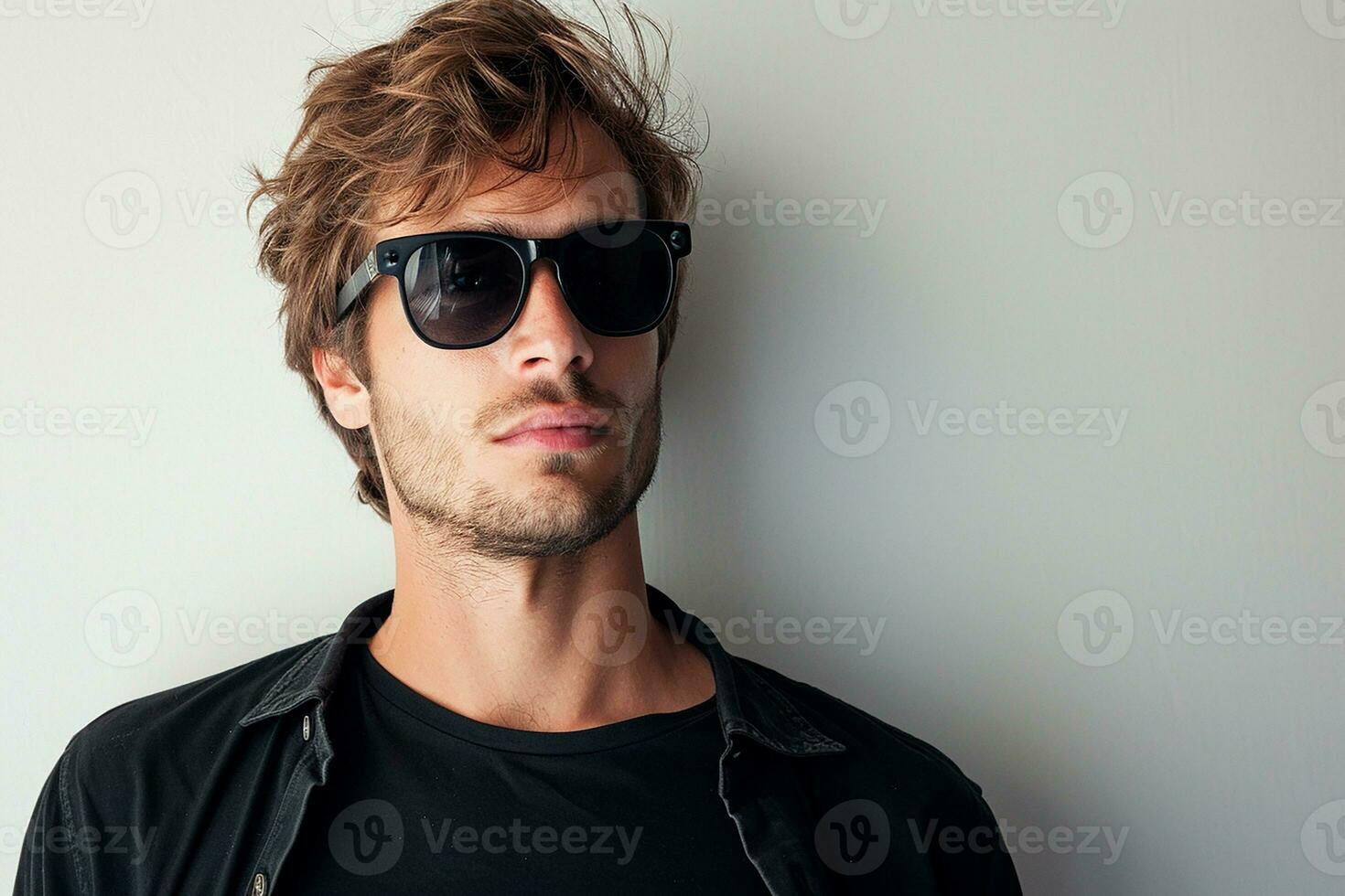 ai generado estudio retrato de hermoso hombre en Gafas de sol en pie en color antecedentes foto