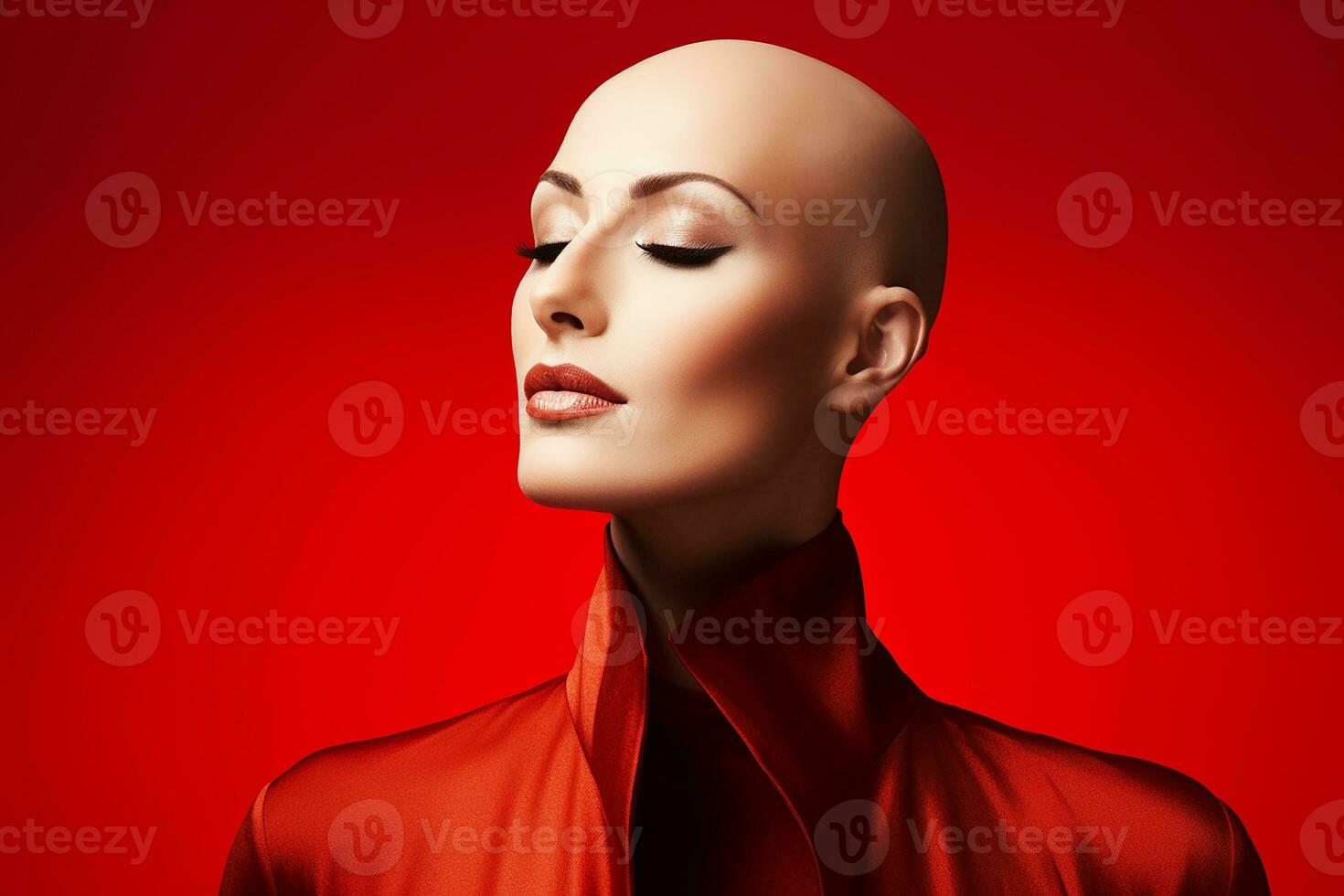 AI generated Studio portrait of beautiful bald woman on colour background photo