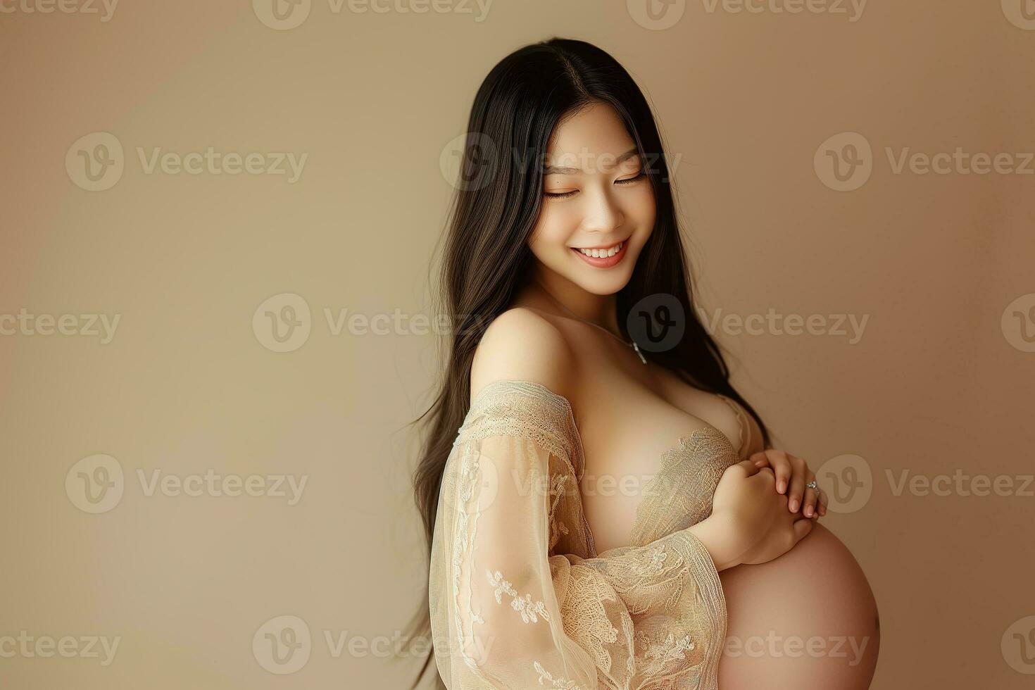 AI generated Portrait of beautiful asian young pregnant woman touching belly standing on colour background photo