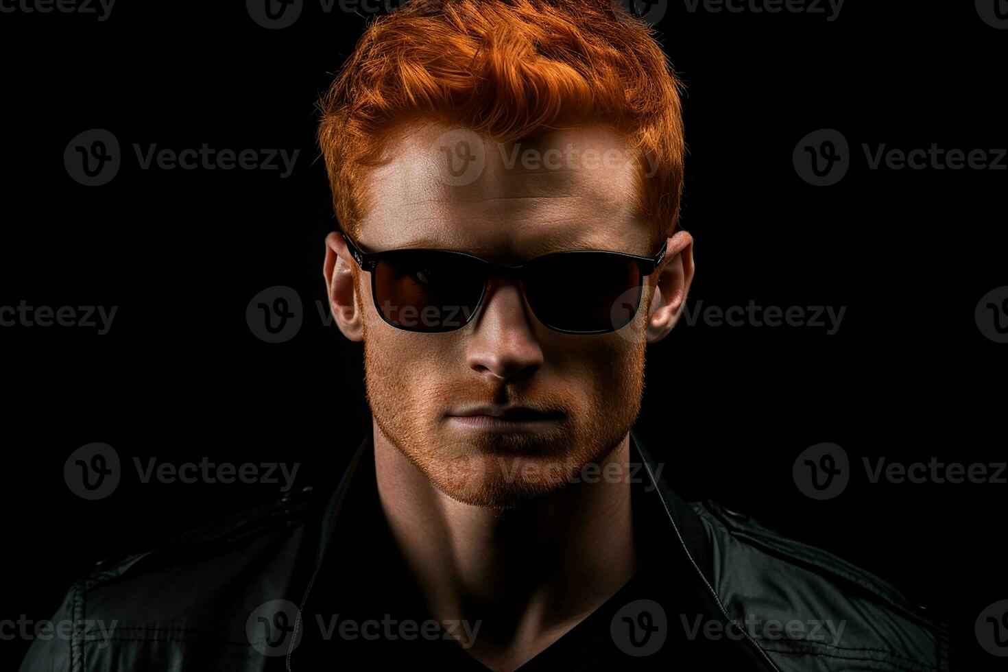 ai generado estudio retrato de hermoso hombre en Gafas de sol en pie en color antecedentes foto