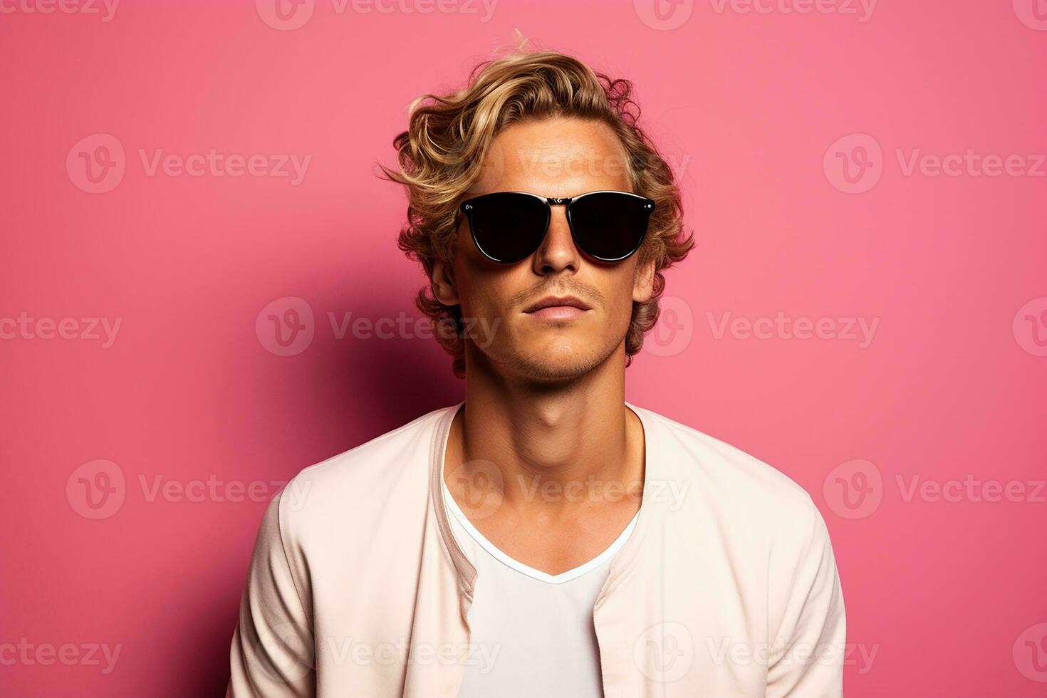 AI generated Studio portrait of handsome man in sunglasses standing on colour background photo