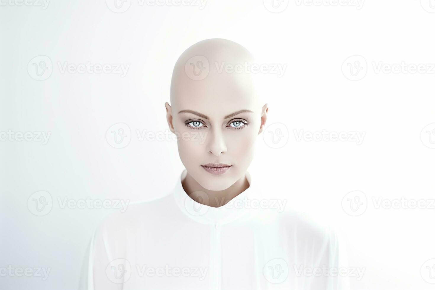 AI generated Studio portrait of beautiful bald woman on colour background photo