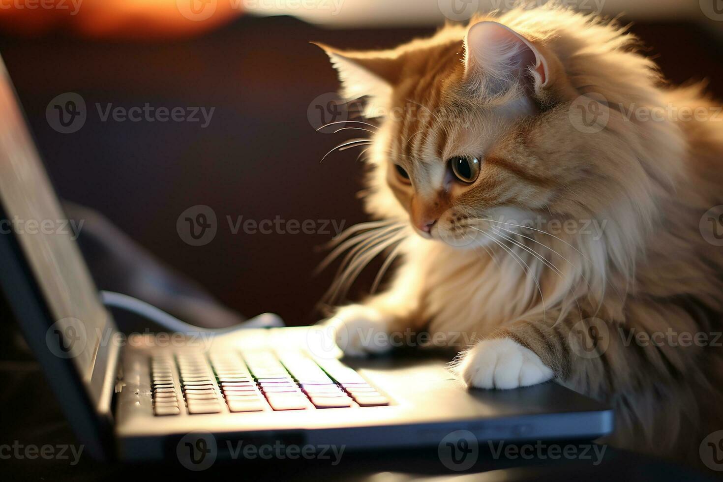 AI generated Cute fluffy cat sitting and playing with laptop computer photo