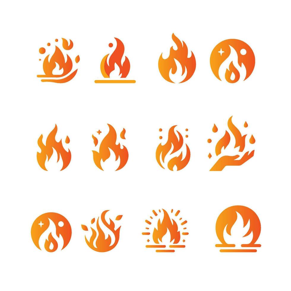 Fire burning isolated symbol icon set, simple graphic illustration. Colored flame detail and hand drawn vector graphic. Campfire fireball sign decoration. Warm temperature logo image.