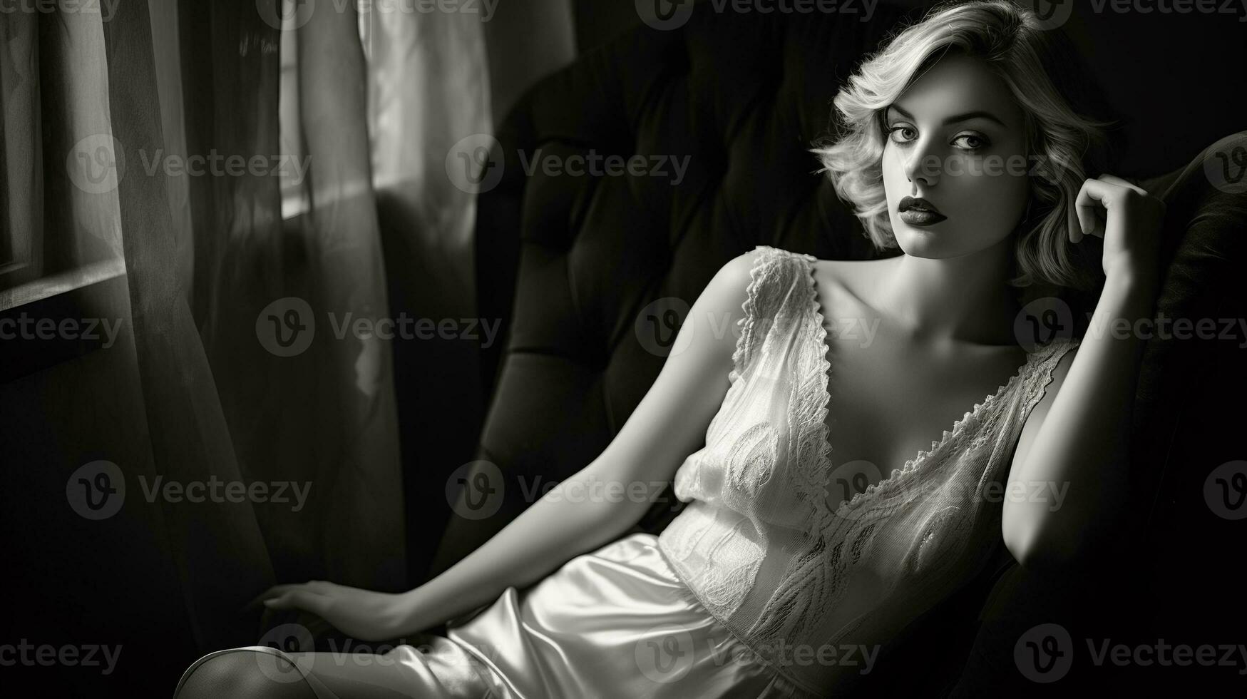 AI generated Glamorous girl seated near a window, confident and sensual, dramatic lighting and shadows, black and white photo