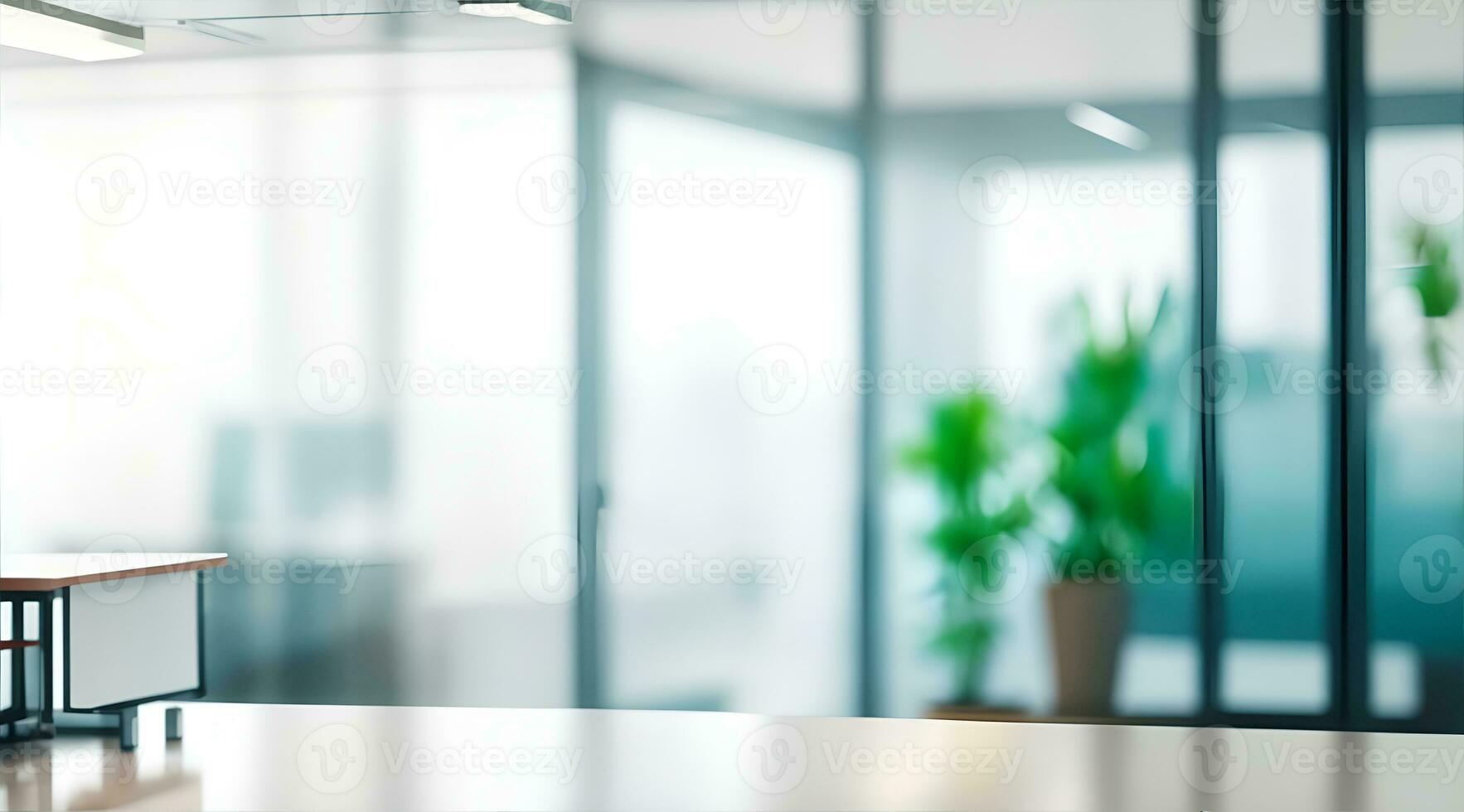 AI generated Blur modern, well-lit office space with glass partitions and green plants, Blur background of modern office interior design workspace background for corporate office photo