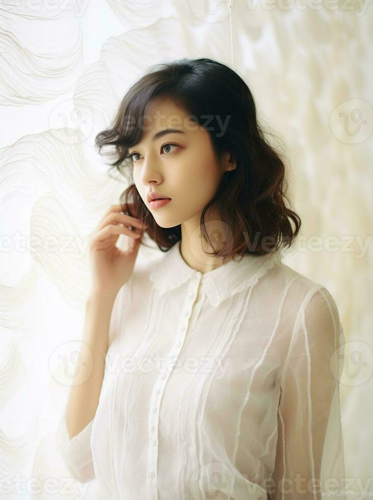 AI generated Asian woman with shoulder-length hair and a white button-down blouse, against a textured white wall background photo