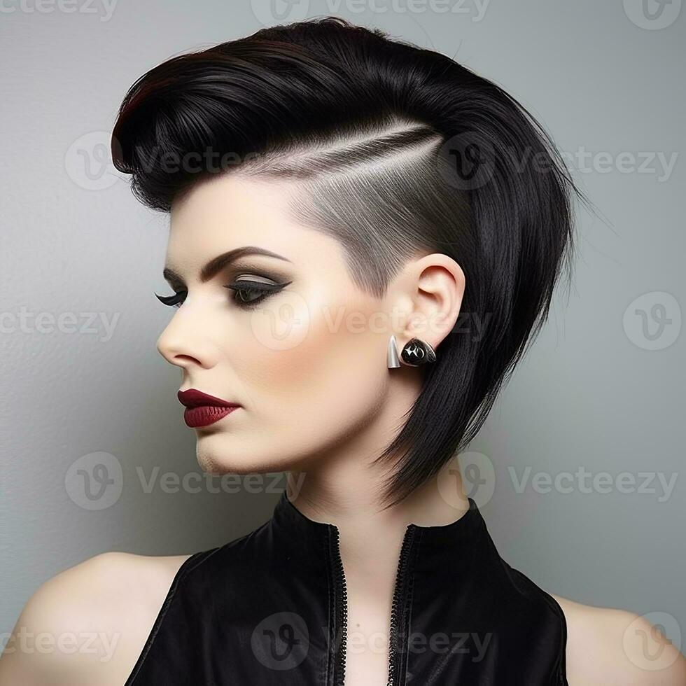 AI generated Bold and strong straight hairstyles for women, a modern, asymmetrical haircut, short on one side and longer on the other photo