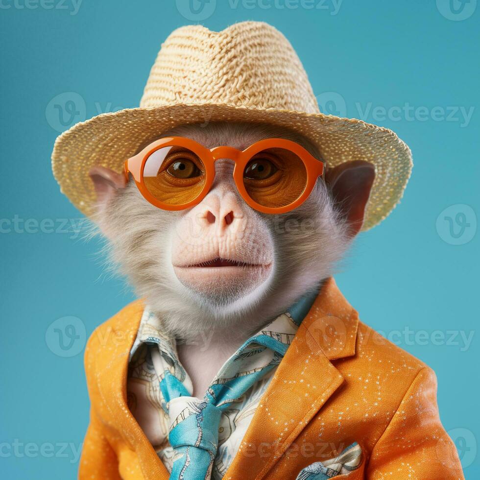 AI generated Cool monkey, wearing a straw hat and a funky stylish orange jacket photo