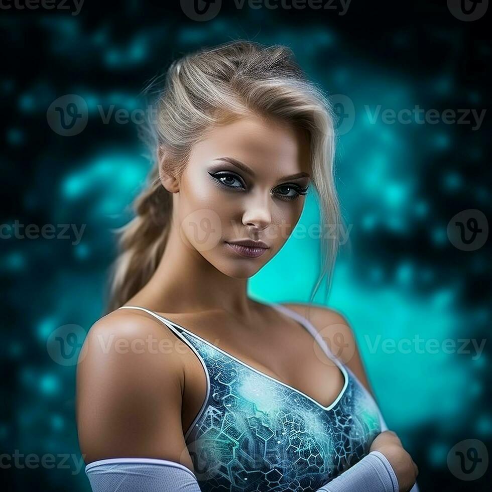 AI generated Beautiful young woman, bodybuilder, set against a blue, bokeh background photo