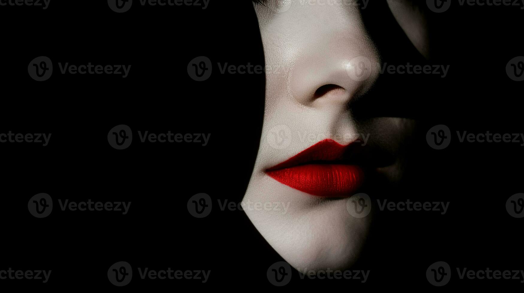 AI generated Closeup of pale white face of a woman with moist red lips emerging out of the black shadows photo