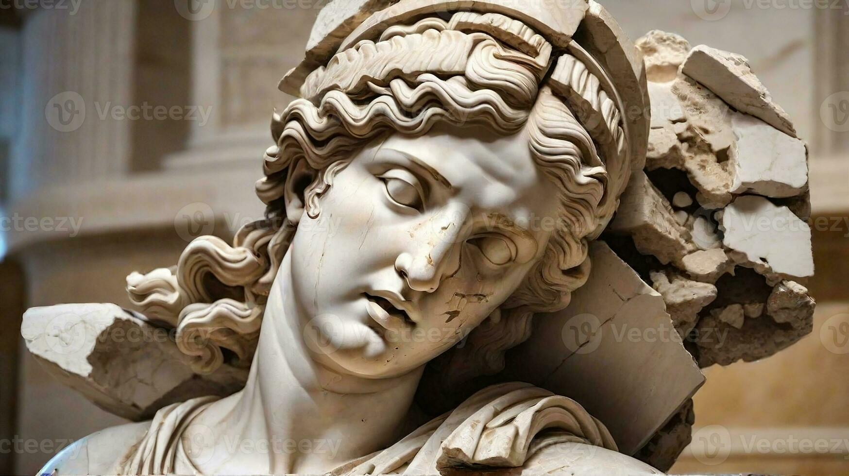 AI generated A damaged classical statue with the face obscured, Broken ancient greek statue, woman head falling photo