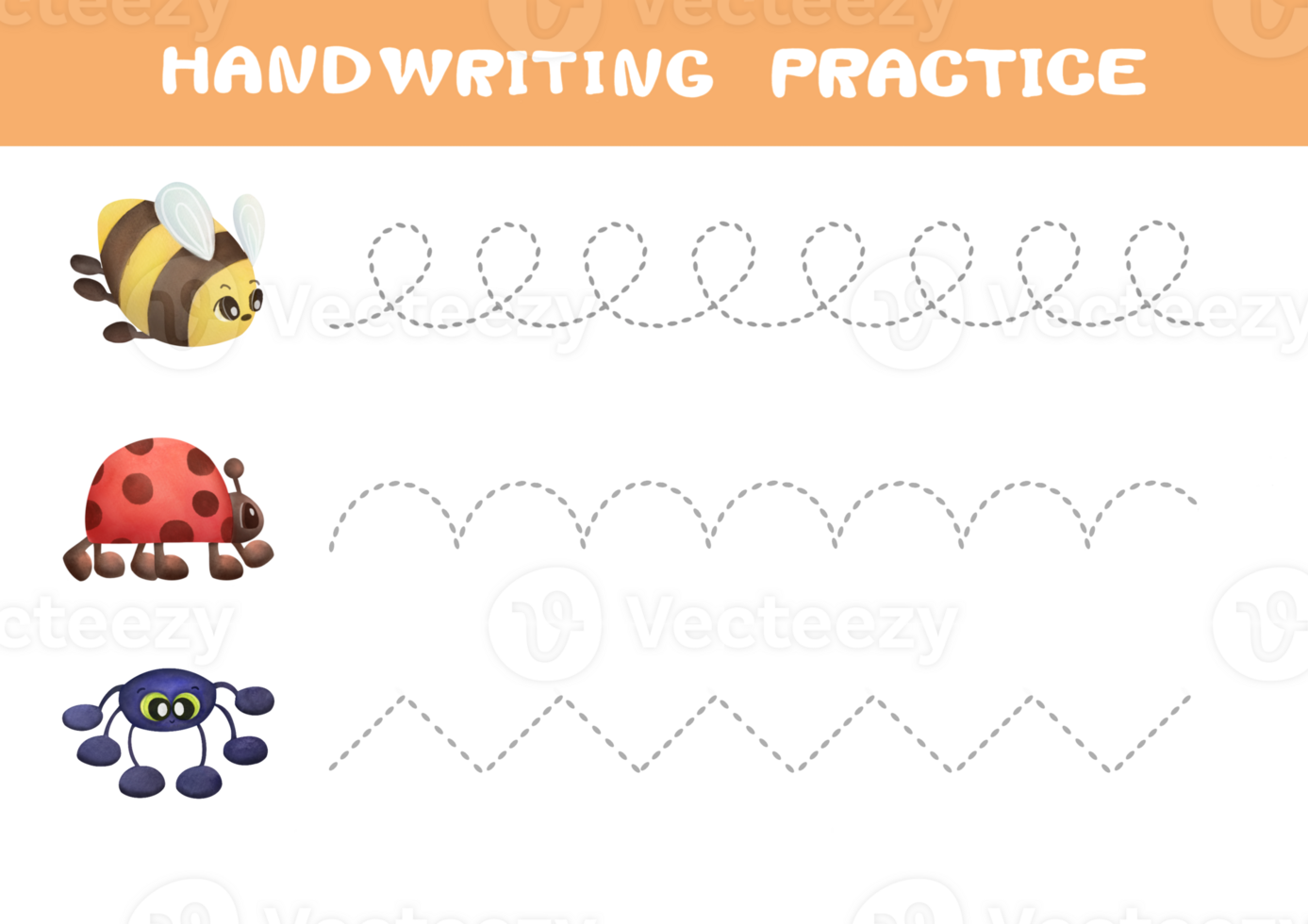 Tracing lines with cute insects, bees, wasps, ladybugs, spider. Handwriting practice sheet. Writing training for preschool kids. Basic writing. Educational game for children png
