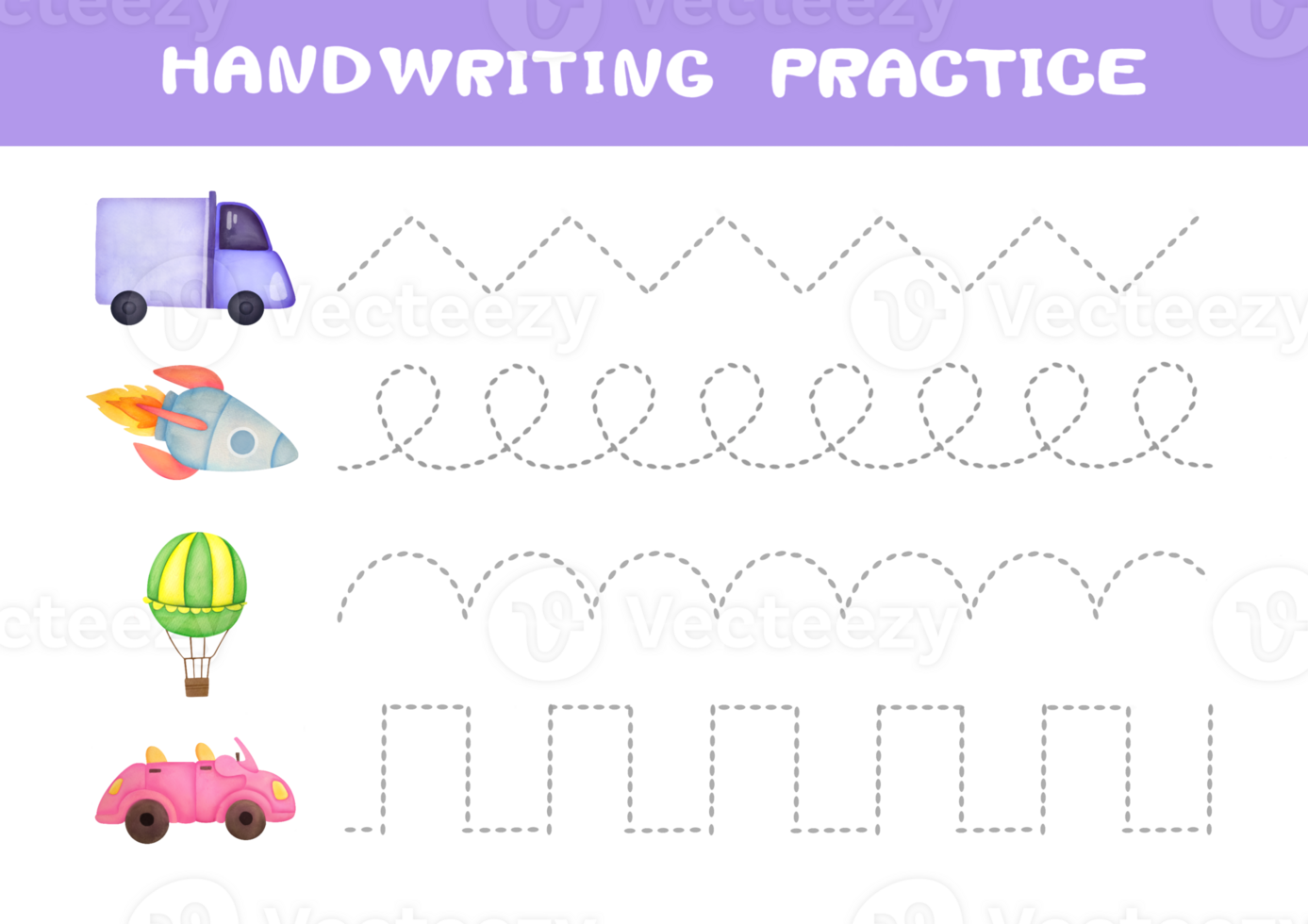 Tracing lines with cute vehicles, car, truck, space rocket, balloon. Handwriting practice sheet. Writing training for preschool kids. Basic writing. Educational game for children png