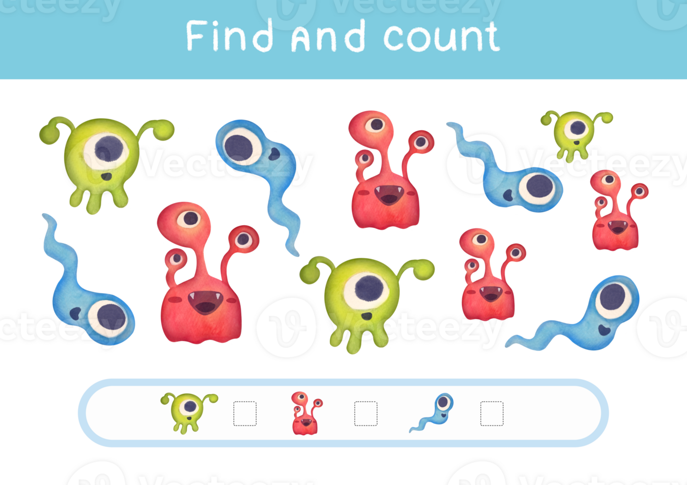 Find all cute Funny aliens, Count number and write right answer. Space Adventures of Microbes, educational math game for preschool children. study methematics page, nursery childish activity png