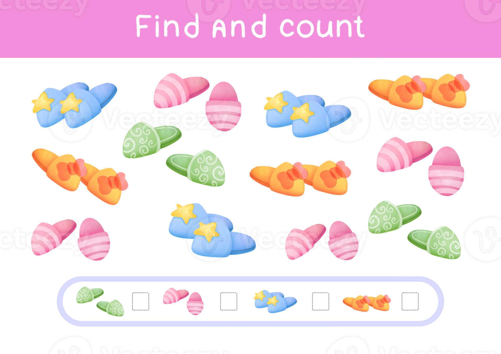 Count all slippers, Count the number and write right answer into box