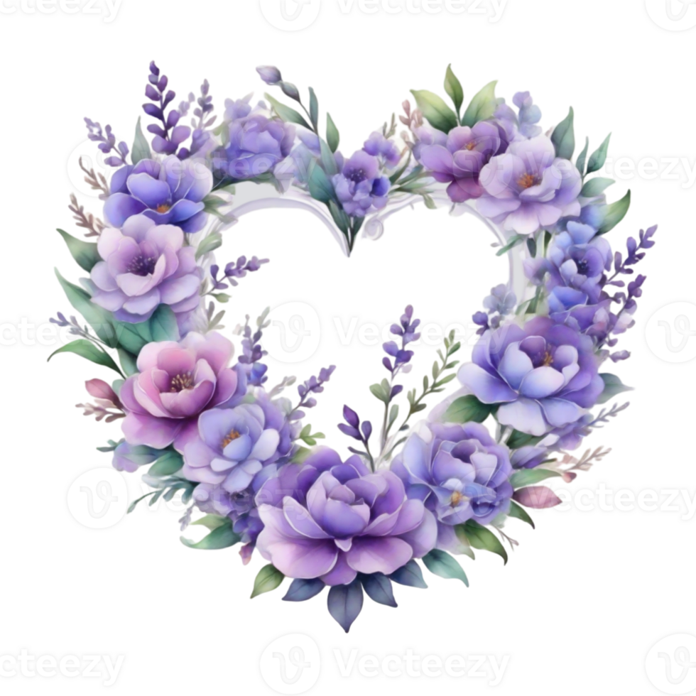 AI generated heart wreath made of purple flowers png