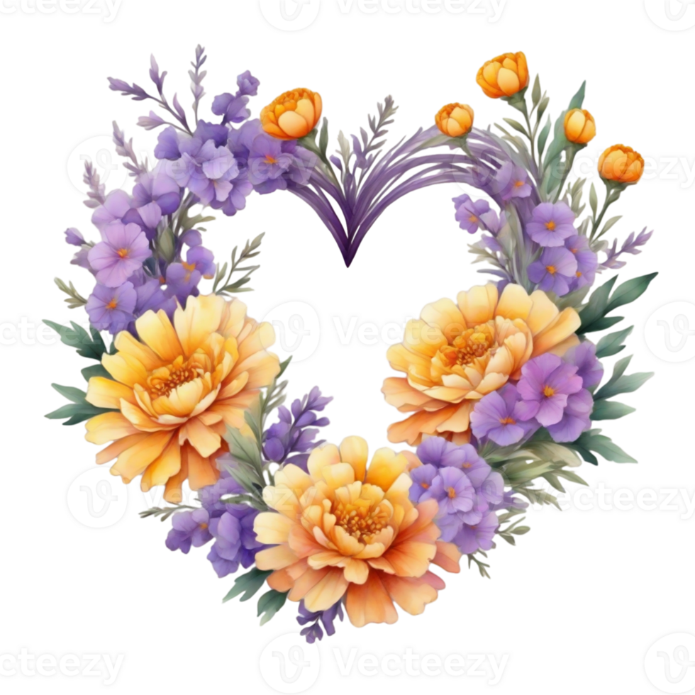 AI generated heart wreath made of purple flowers png