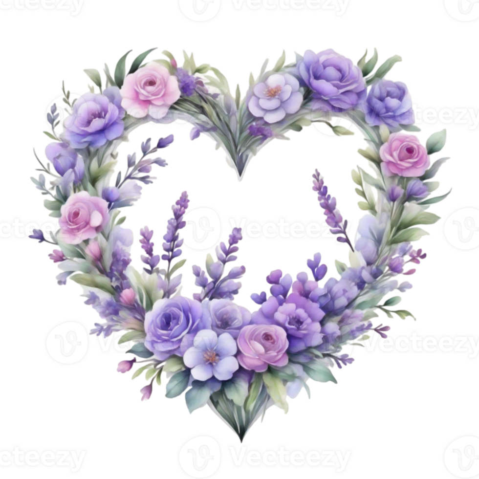 AI generated heart wreath made of purple flowers png