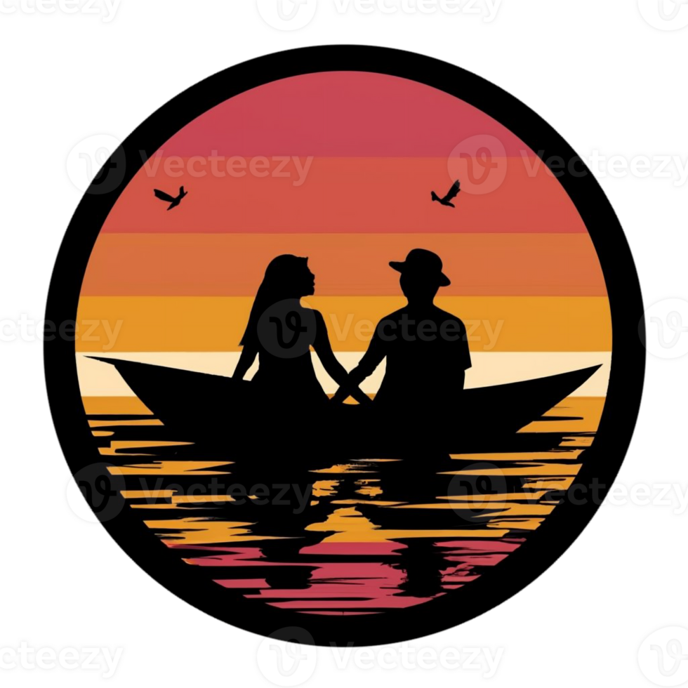 AI generated romantic graphics with a couple in love with the setting sun on the lake in the background png