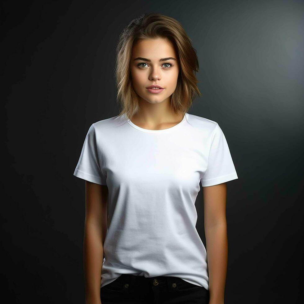 AI generated a beautiful young woman in a white t-shirt photo