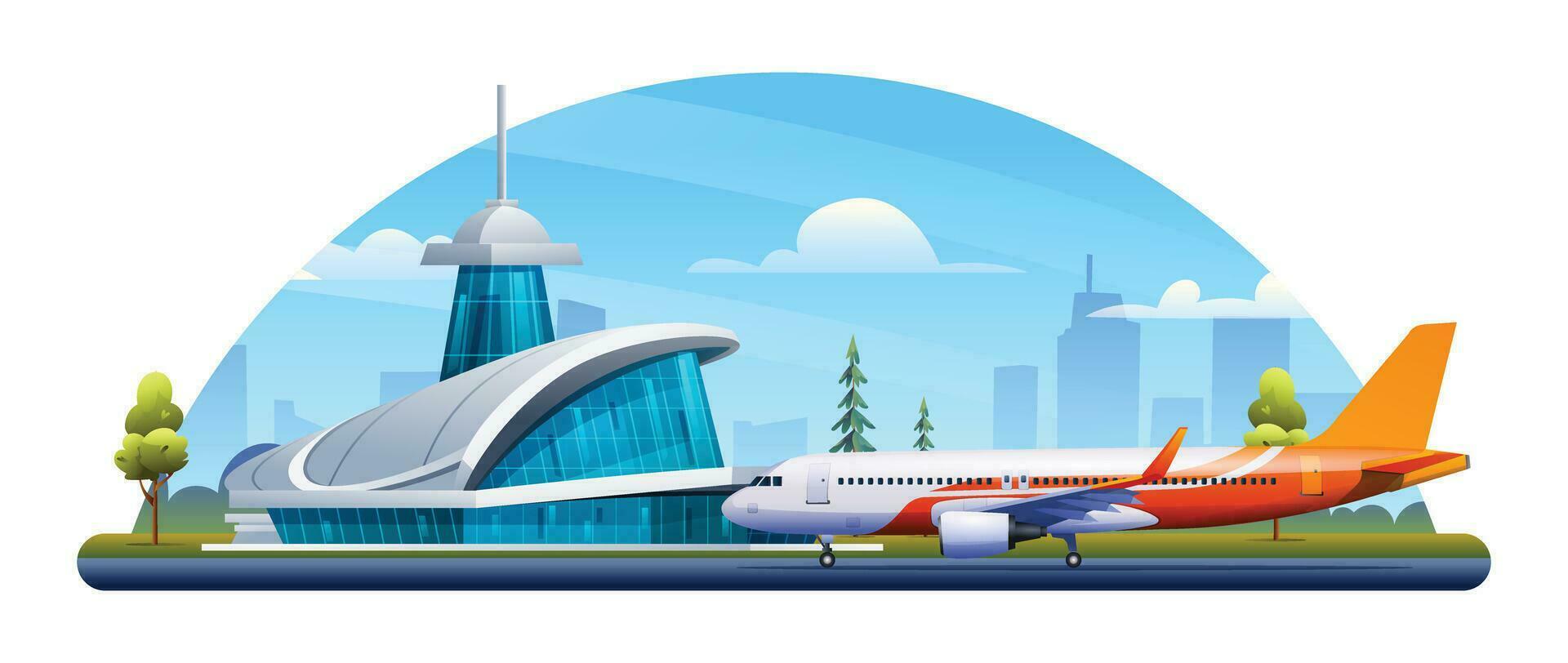 International airport building with airplane and city landscape. Vector illustration