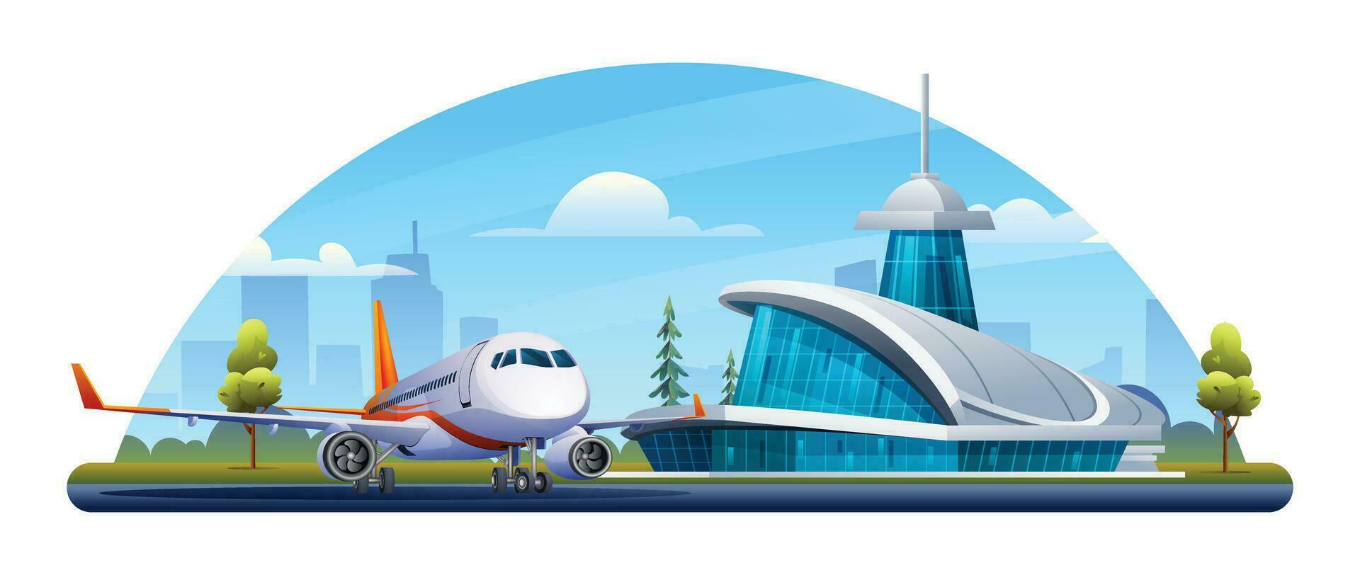 internacional aeropuerto edificio con avión, Terminal, puerta, pista y ciudad paisaje vector dibujos animados ilustración