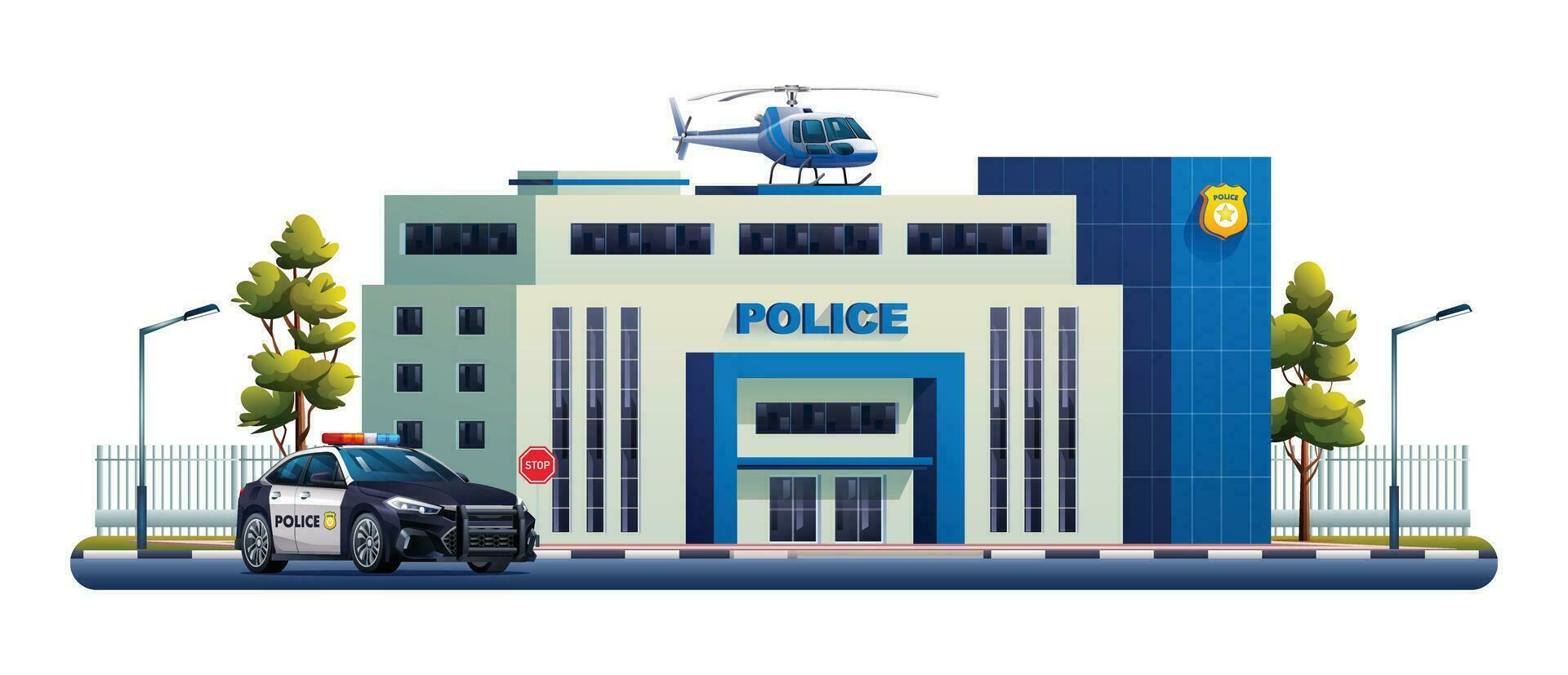 Police station building with patrol car and helicopter. Police department office. Vector illustration