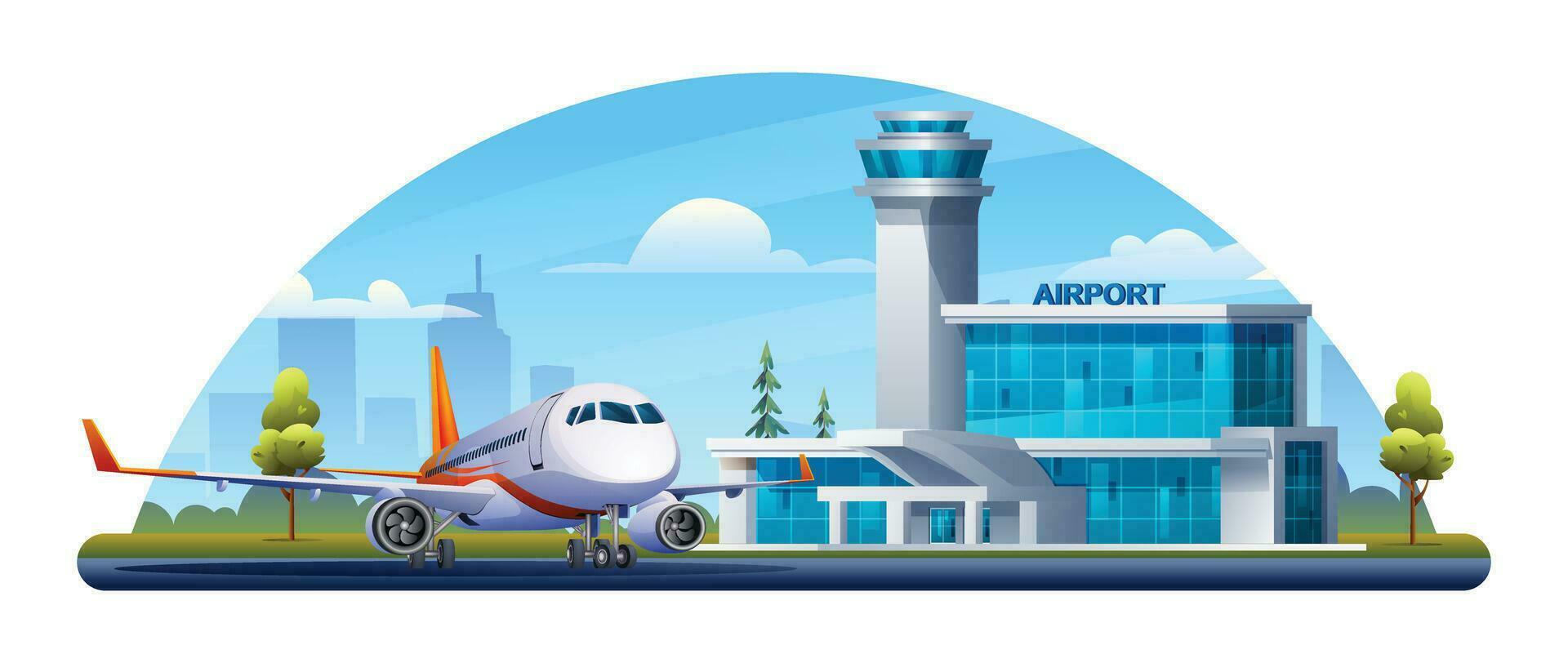 internacional aeropuerto edificio con avión en paisaje urbano vector ilustración