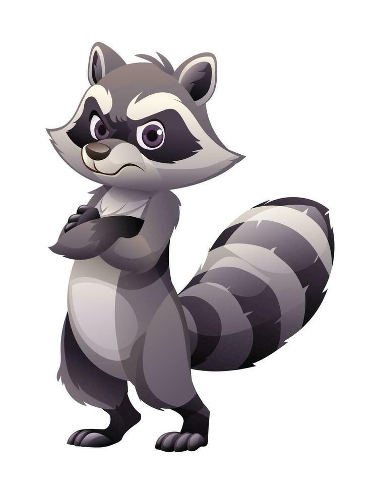 Cartoon raccoon in angry pose. Vector illustration isolated on white background