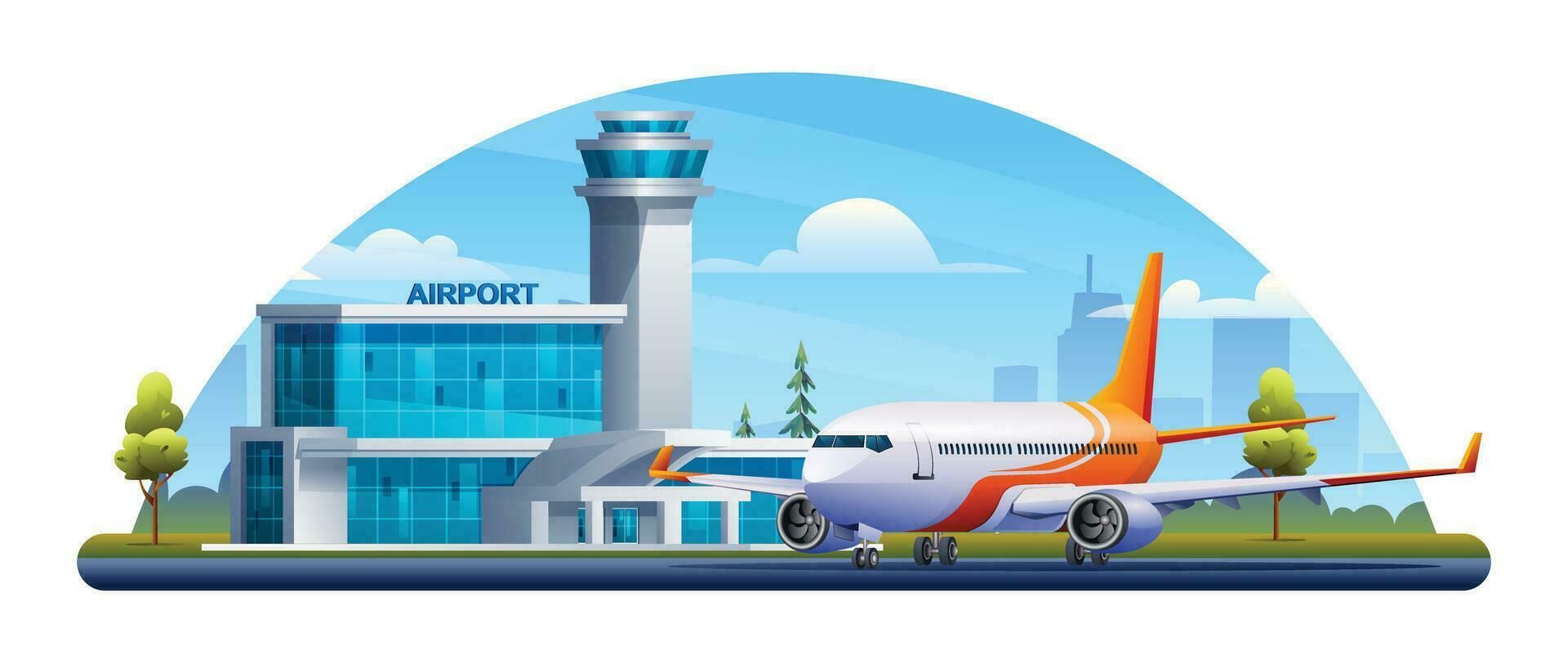 International airport building with airplane on cityscape. Vector cartoon illustration