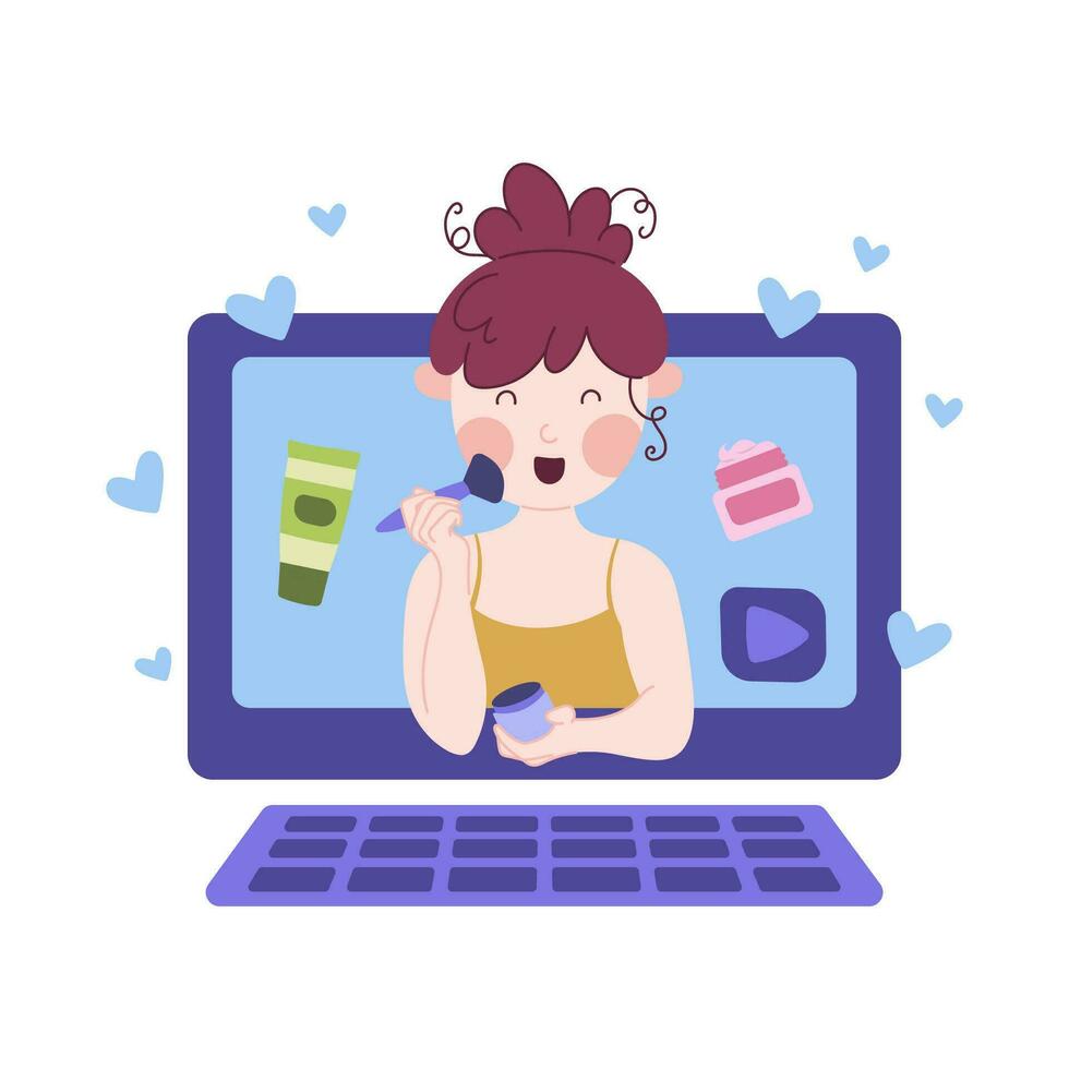 Beauty blogging concept. Makeup tutorial video and cosmetics review. Vector cartoon flat illustration.