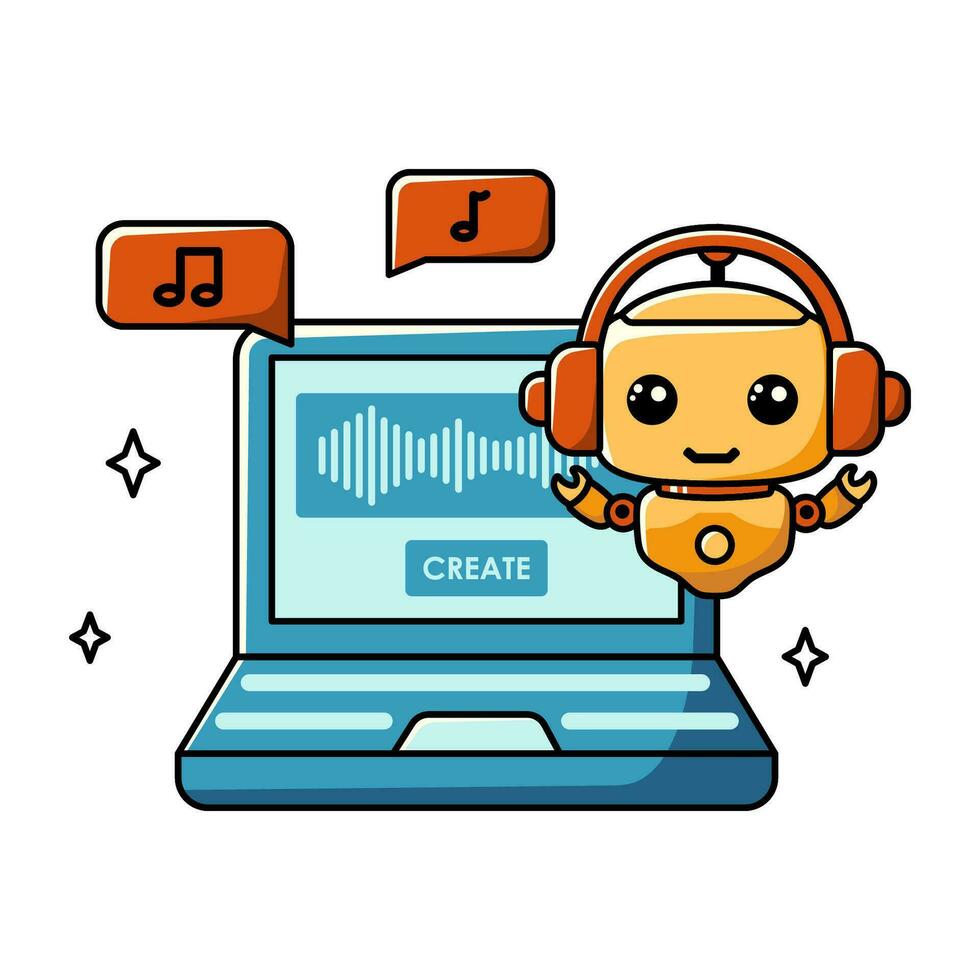 Using AI for music generate. Chat bot assistant for online applications. Cartoon vector concept illustration.