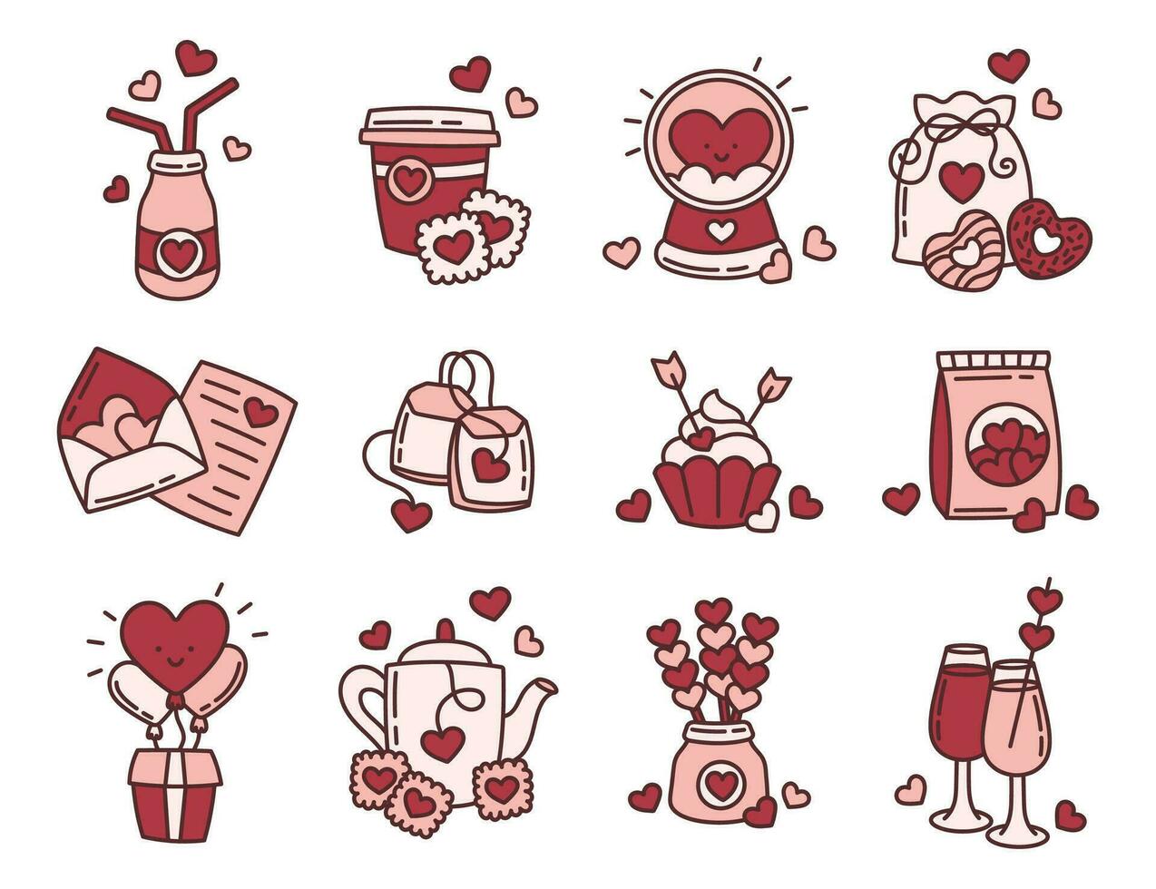 Set of kawaii doodle icons with gifts, sweets and items for Valentine's Day vector