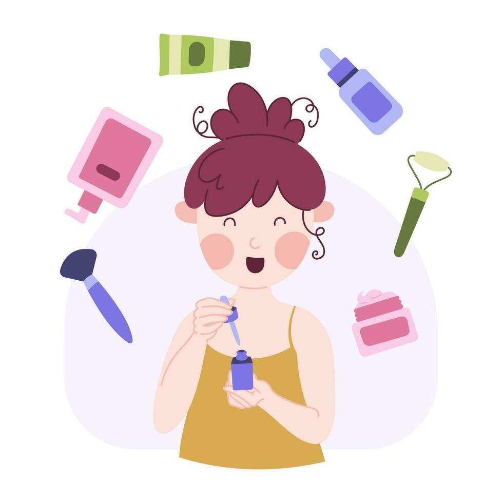 linda joven niña teniendo un spa día a hogar. productos cosméticos y facial productos plano estilo dibujos animados personaje. vector