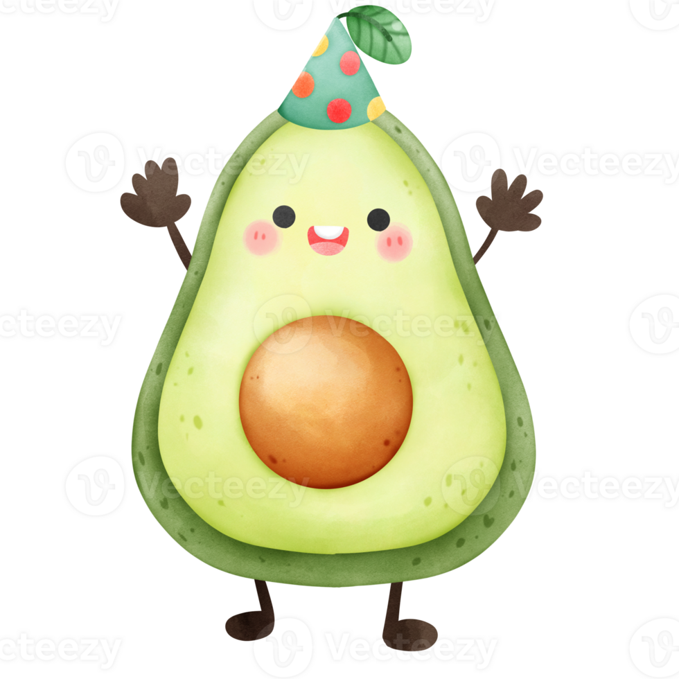 Cheerful Easter-themed image featuring a funny avocado character wearing birthday party hat watercolor png