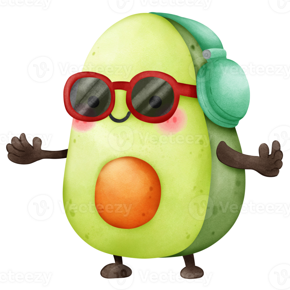 Cartoon funny green avocado Character in watercolor Illustration, Representing Healthy Vegetarian Nutrition and Organic Agriculture png