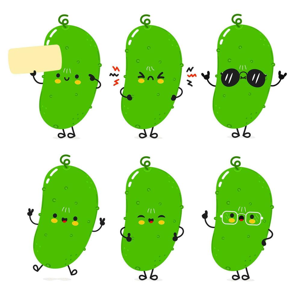 Funny Cucumber characters bundle set. Vector hand drawn doodle style cartoon character illustration icon design. Cute Cucumber mascot character collection