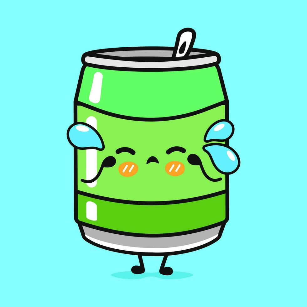 Cying Soda sticker character. Vector hand drawn cartoon kawaii character illustration icon. Isolated on blue background. Sad Soda sticker character concept