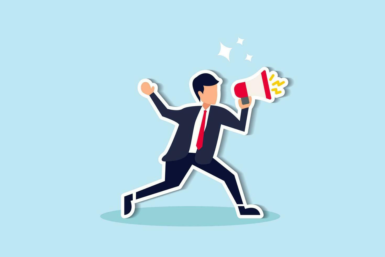 Business shout out, speaking out loud to communicate with co-worker or draw attention and announce promotion concept, confidence young businessman using megaphone speak out loud to be heard in public. vector